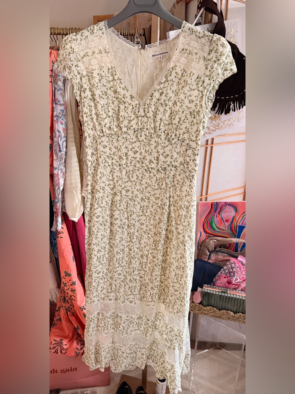 Reformation Ivory Green Floral Lace Midi Dress Size 10